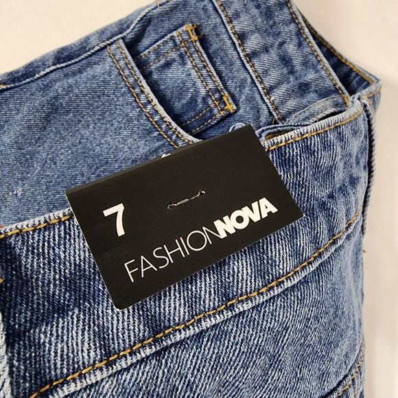 Fashion Nova Womens Denim Shorts Size 7 Blue High Rise Button Fly Distressed Rip - Picture 9 of 11
